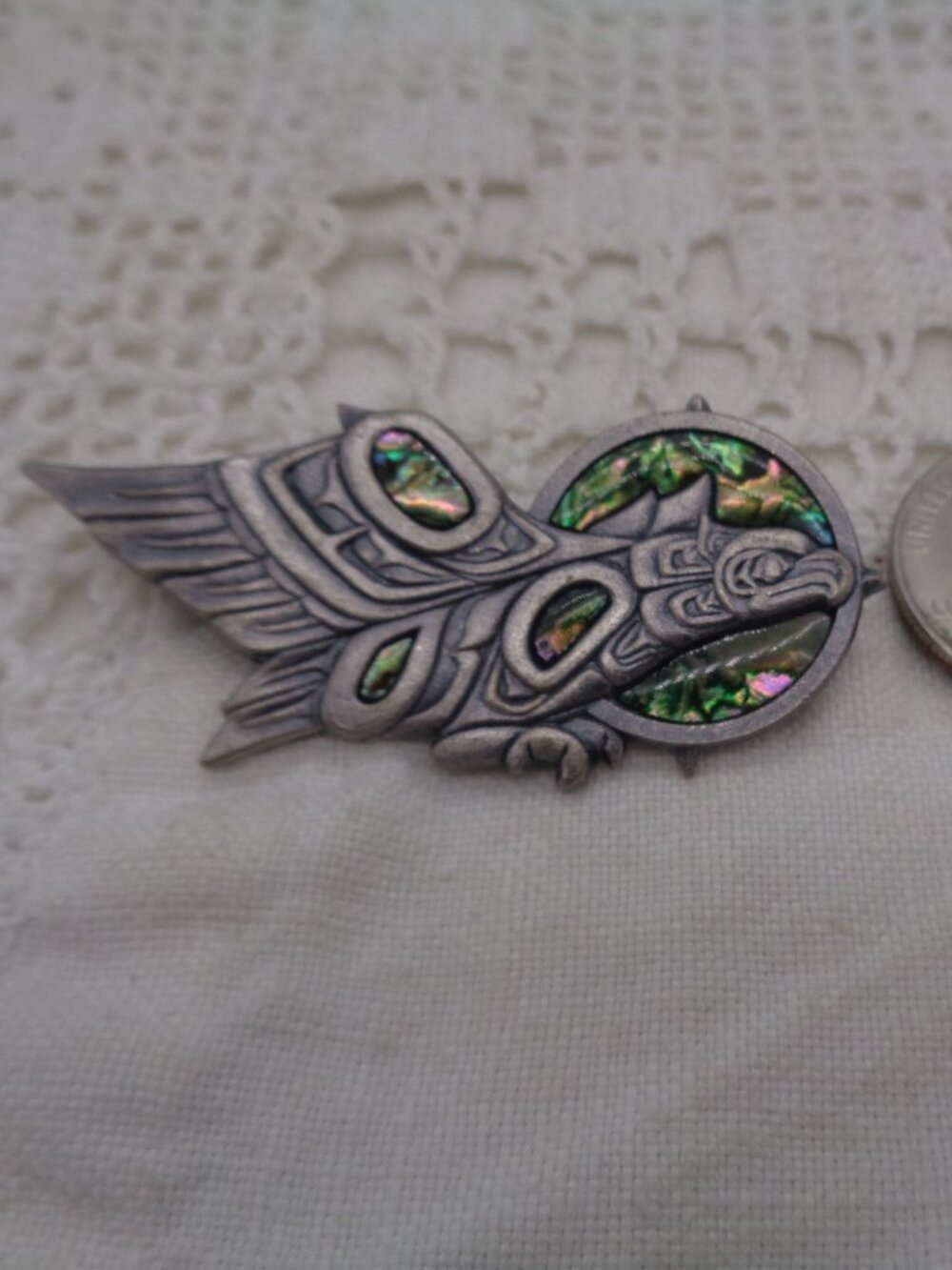 Vintage DURI First Nations EAGLE Pewter & Abalone BROOCH